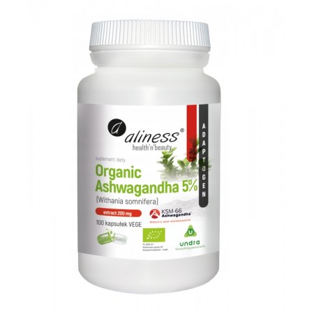 Aliness Organic Ashwagandha 200mg 5% KSM-66 100 caps.